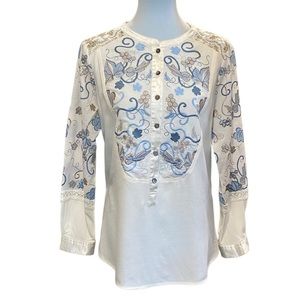 JOHN Mark Embroidered Blouse With Lace Accents